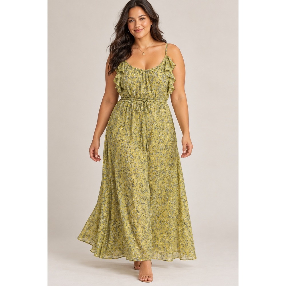 Who What Wear Yellow Floral Ruffle Boho Maxi Dress, XL